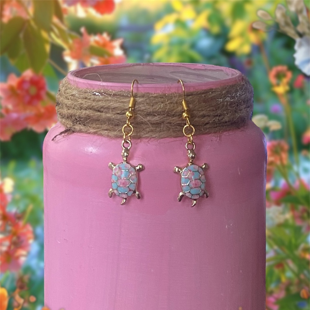 Hand Crafted Floral Turtle Pink, Blue & Gold Floral Earrings
